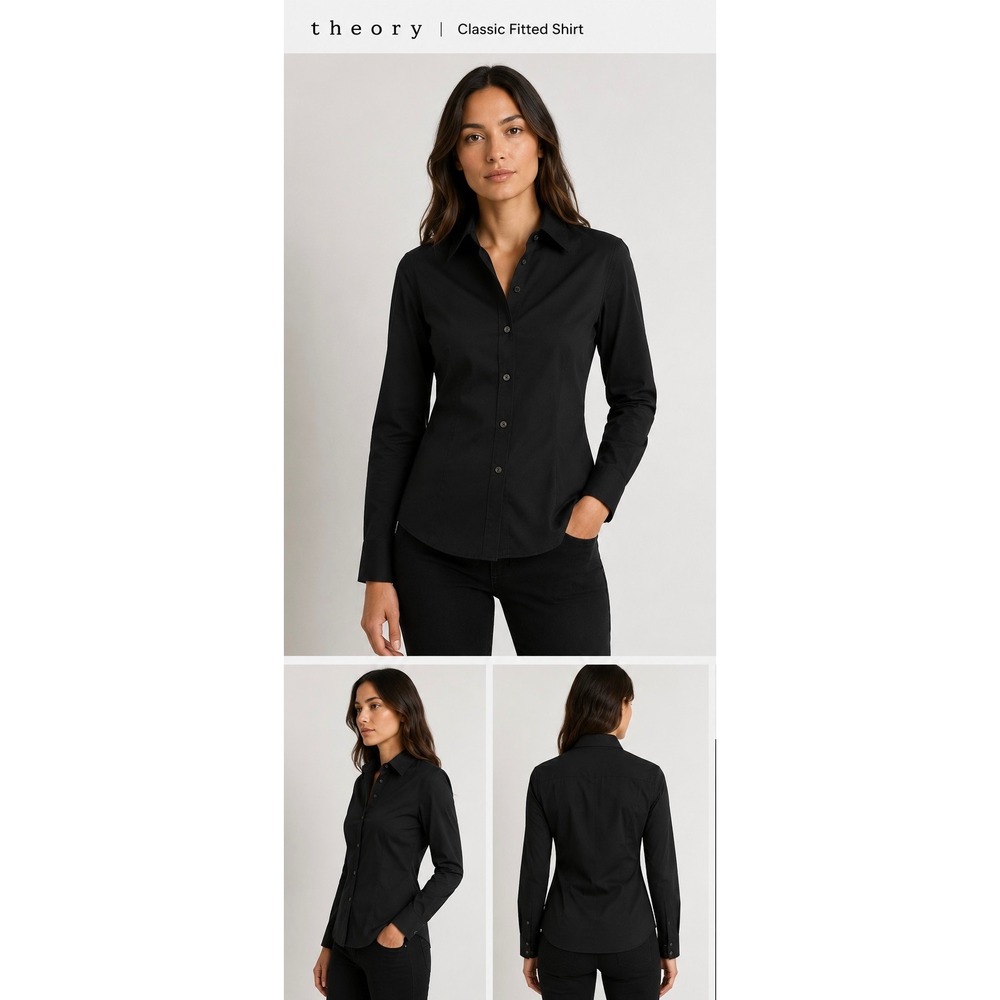 Theory Classic Fitted Shirt Black Stretch Cotton Button Down Blouse